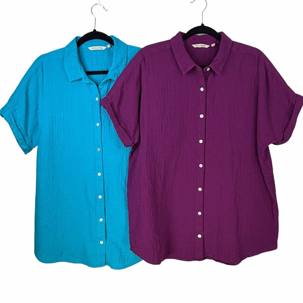 2 Soft Surroundings Button Shirt Top XL Cotton Gauze Turquoise Purple Tunic